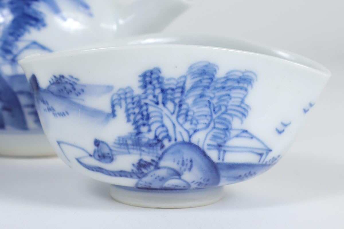 Y2520 高橋道八造 山水画入漢詩青華磁茶鐘並甌一式 茶器揃 共箱　ma Y2520 高橋道八造 山水画入漢詩青華磁茶鐘並甌一式 茶器揃 共箱